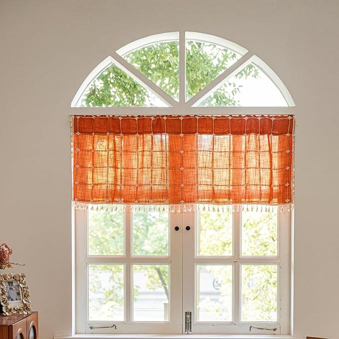 Deeprove Burnt Orange Boho Curtain Valance 18 Inches Length Teal Bohemian Lattice Gingham Textured Embroidery Plaids, Vintage Chic Tassels Casual Fall Decor Drapes Rod Pocket, 1 Panel W52 x L18