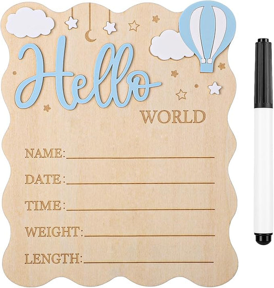 Baby Announcement Sign,Wooden Hello World Newborn Signs Birth Announcement Sign and Pen for Baby Shower Hospital Nursery Newborn Boys and Girls (Blue)