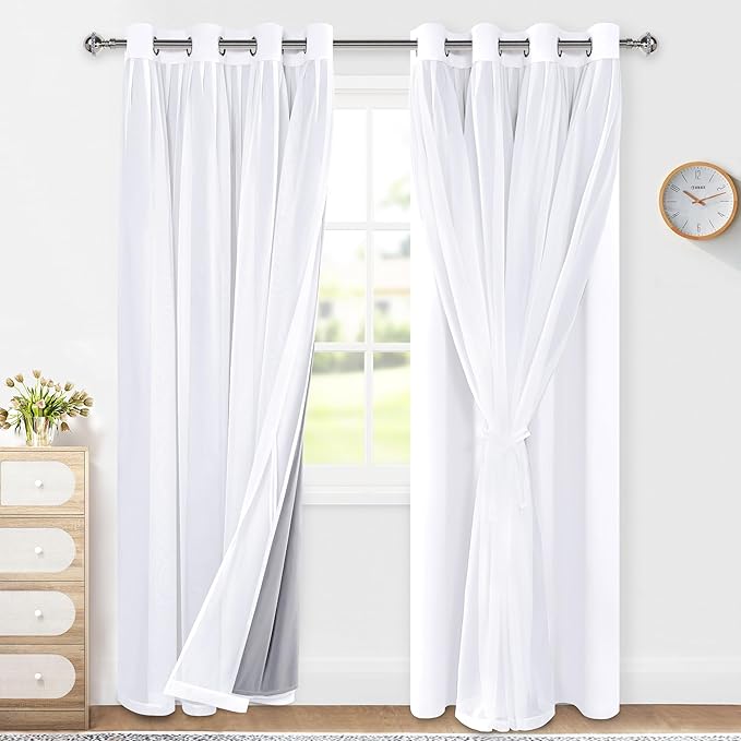XWZO White Double Layer Curtains, 100% Blackout Curtains with Sheer Overlay for Nursery, Living Room, Children's Room, Grommet Thermal Insulated Privacy Curtains with Tiebacks, 2 Panels, 52x84