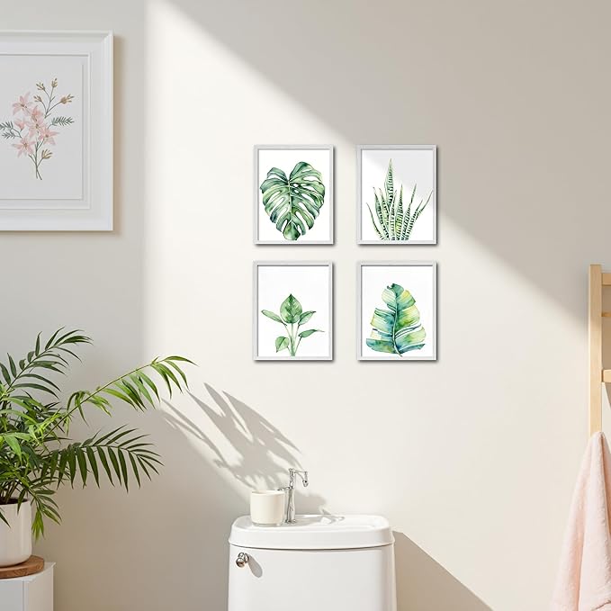 OFJE Botanical Green Leaf Wall Art Prints Set of 4, Tropical Plant Watercolor Poster for Bathroom Bedroom Living Room Decor, Unframed 8x10