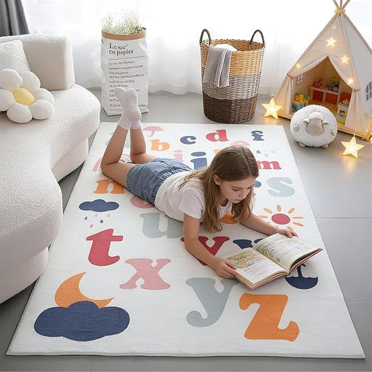 Colorful Alphabet Carpet 4x6 Area Rugs Washable Non-Slip Cute Rainbow Sun Umbrella Kids Rug Foldable Playmat for Classroom Alphabet Learning Nursery