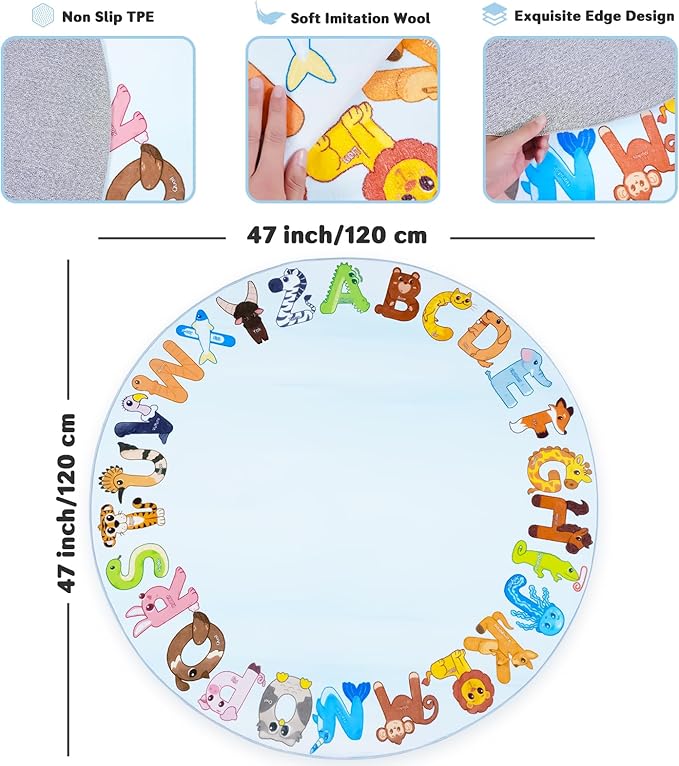 Kids Rugs for Playroom, 4'x4' Round Educational Rug for Learn The ABC Alphabet, Soft Machine Washable Non-Slip Cute Animal Carpet for Classroom Toddler Nursery Kids Room Decor Mat, Blue