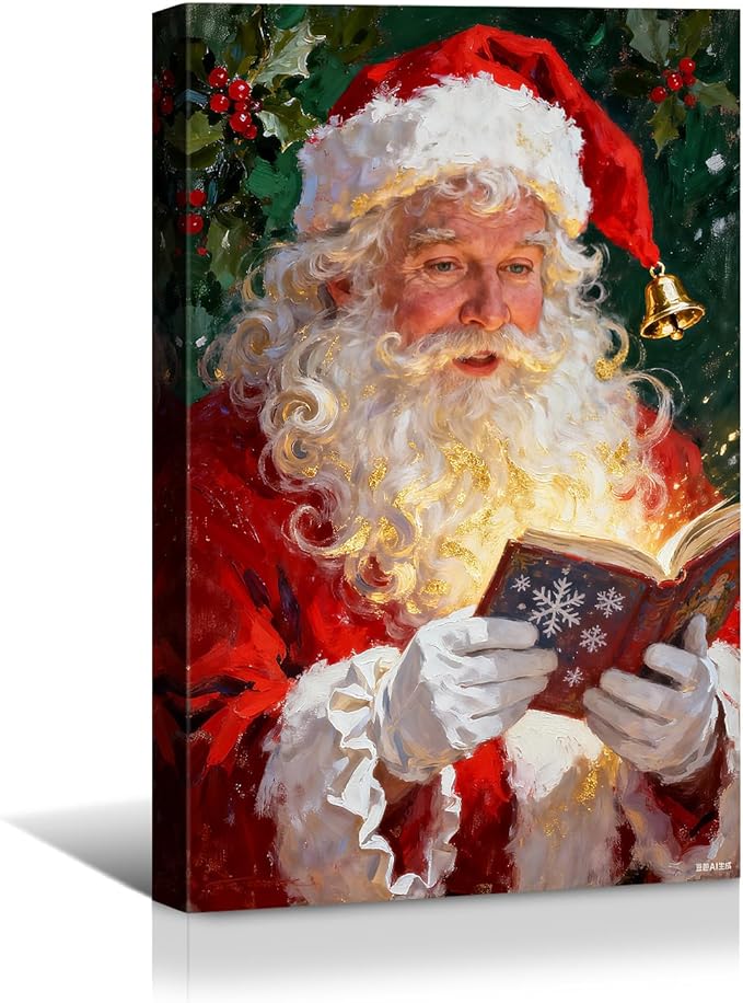 YONICA Christmas Canvas Wall Art Reading Santa 24x36 Inch Oil Painting with Glowing Book and Holly - Large Framed Gallery Wrapped Library Decor