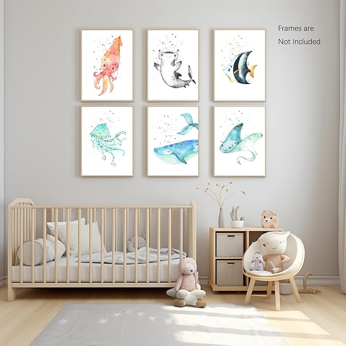 Wodkwq Nursery Wall Art Sea Animal Canvas Prints Baby Girl Boy Room Decor Watercolor Paintings Pictures Cute Ocean Theme Toddler Room Decoration Set of 6 for Kids Bedroom Bathroom 8x10in Unframed