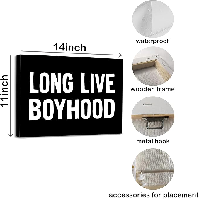 Long-Live-Boyhood Framed Canvas Wall Art Decor 14×11 inch, Black And White Words Modern Minimalist Typography Art Print Painting Artwork Home Wall Decoration For Boys Room Nursery Kids Room