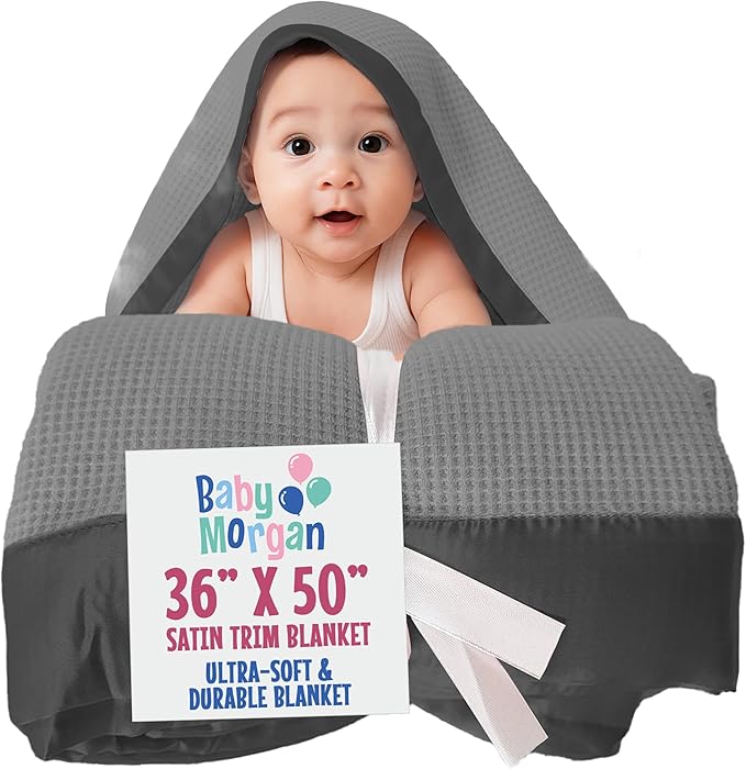 Blankets Thermal Waffle Baby Blanket Crib Bedding - Soft Cozy Warm Infant Thermal Cover for Nursery Stroller or Bassinet, Lightweight Ideal Shower Gift, Satin Trim Gray 36" x 50"
