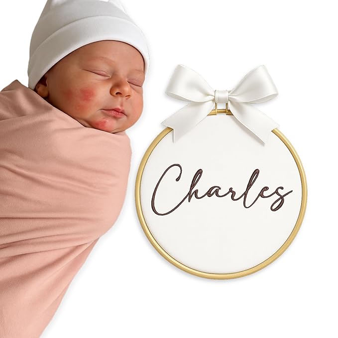 Personalized Baby Name Sign Welcome Baby Announcement Sign Newborn Baby Embroidery Hoop with Bows Baby Hospital Name Sign Custom Infant Baby Name Baby Shower Gifts (09)