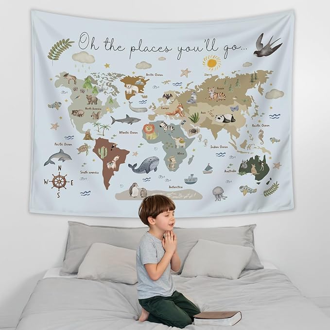 LIANGW World Map Tapestry Wall Hanging for Kids, Animal Continents Wildlife Educational Geography Learning Wall Blanket Decor for Classroom Toddler Kids Room Nursery Playroom, 50x60 Inch