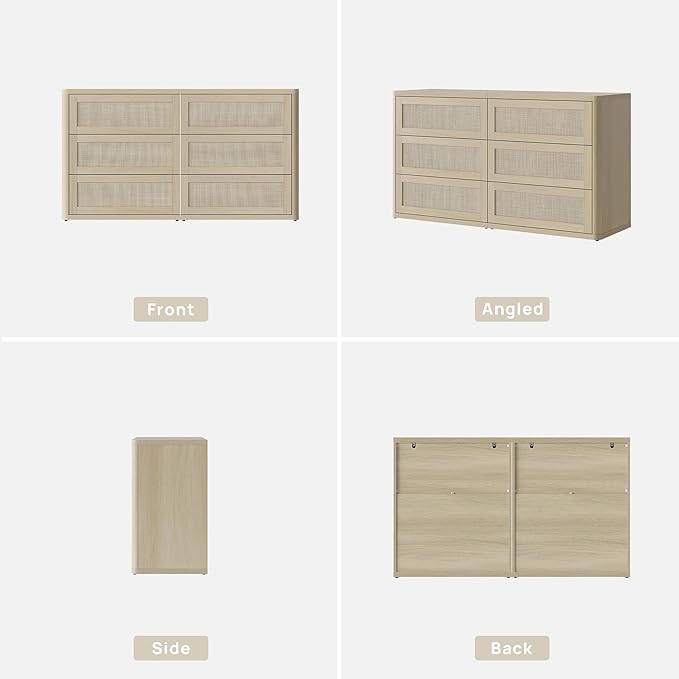 SICOTAS Dresser for Bedroom - 6 Drawer Dresser for Nursery 54" Wide Rattan Dressers & Chests of Drawers Boho Drawers for Bedroom Living Room Clothes Large Closet Storage for Closet Hallway Entryway
