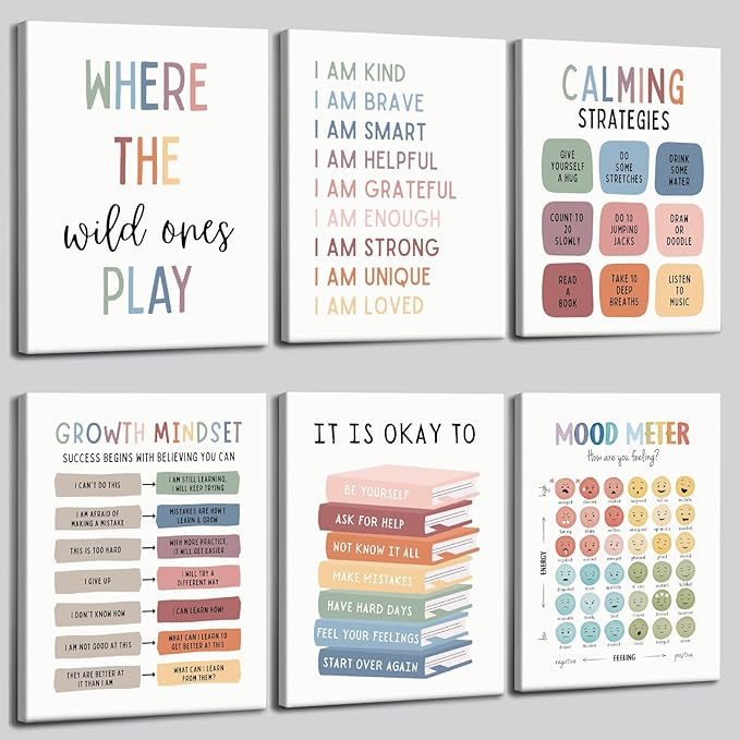 UNXIS Growth Mindset Poster Positive Affirmations Wall Decor It Is Ok To Be Yourself Frame Canvas Wall Art Calming Corner Strategies Chart 8x10in Set of 6 for Boy Girl Baby Children's Room