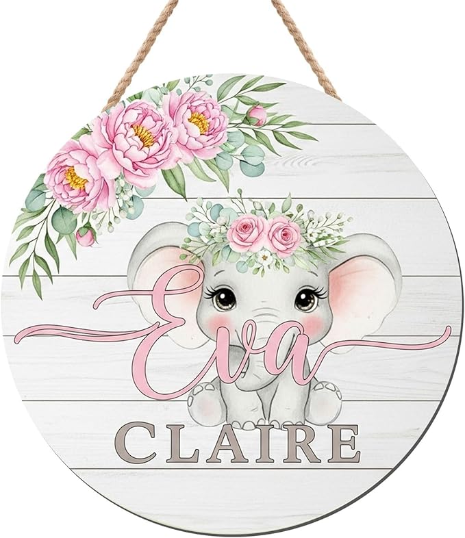 Personalized Baby Girl Name Sign with Elephant and Flowers – Custom Wooden Nursery Wall Decor for Playroom, or Gift Nursery Room Decoration
