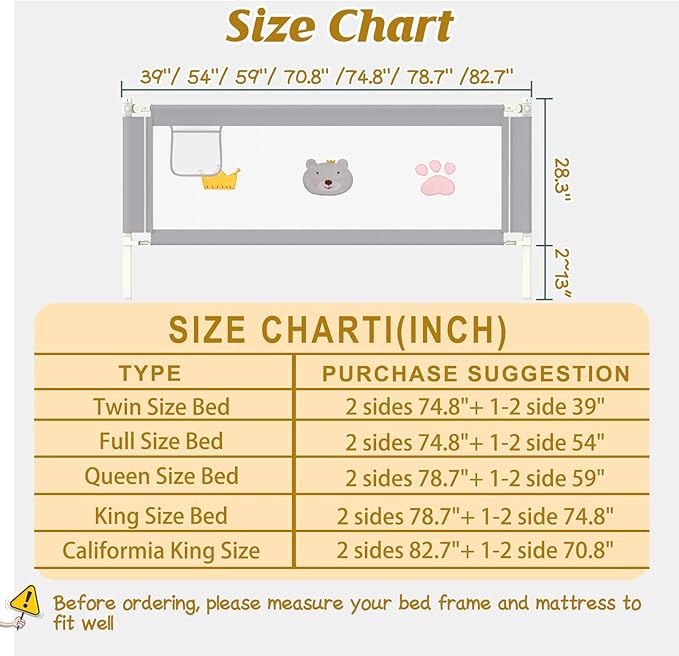 Height Adjustable Bed Rail for Toddlers, Kids Safety Baby Bed Rail for Twin/Full/King/Queen Size Bed (3 Sides, 74 * 74 * 39 Inch)