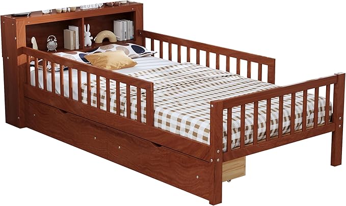 Wood Twin Size Platform Bed with Safety Fence for Kids Boys Girls, Platform Bed Frame with Practical Headboard and 2 Under-Bed Drawers, Sturdy Slats Support (Walnut-3.15)