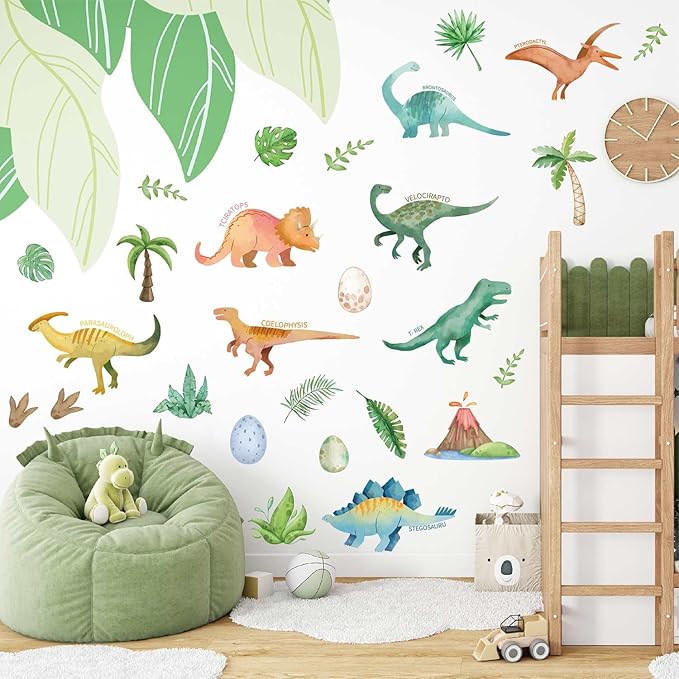Wall Decals for Kids Room - Self Adhesive Removable Dino Palm Tree Wall Stickers, Jungle Nursery Bedroom Playroom Classroom Decor, Easy Peel & Stick Boys/Girls Home Art