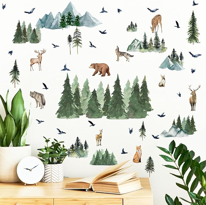 Mountain Tree Wall Decals Watercolor Pine Tree Wall Decals Large Woodland Wall Stickers Forest Flying Birds Deer Fox Bear Animal Wall Stickers for Nursery Kids Room Bedroom Decor