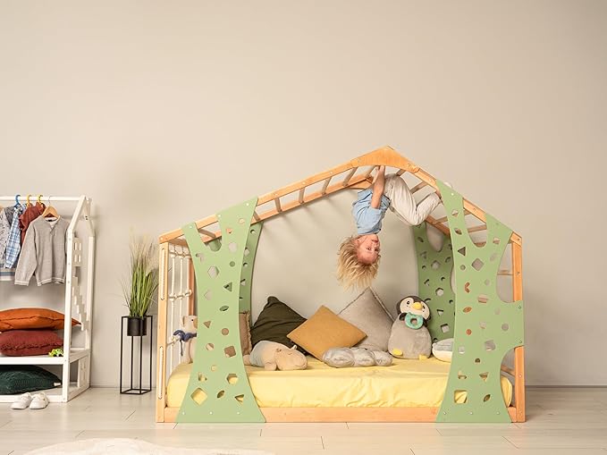 BUSY WOOD Climbing Bed for Toddler Monkey - Montessori Floor Bed Frame Jungle Gym - Twin, Full Bedframe