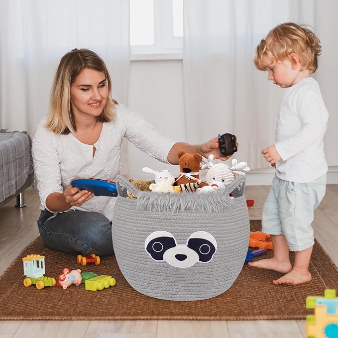 Large Basket for Nursery, Raccoon Blanket Gift Basket, Woven Rope Cotton Storage, Baby Bear Laundry 0rganizer with Ears Handles, Cute Animal Baskets Clothes Gifts Decor Storage Bins,13"D×12"H
