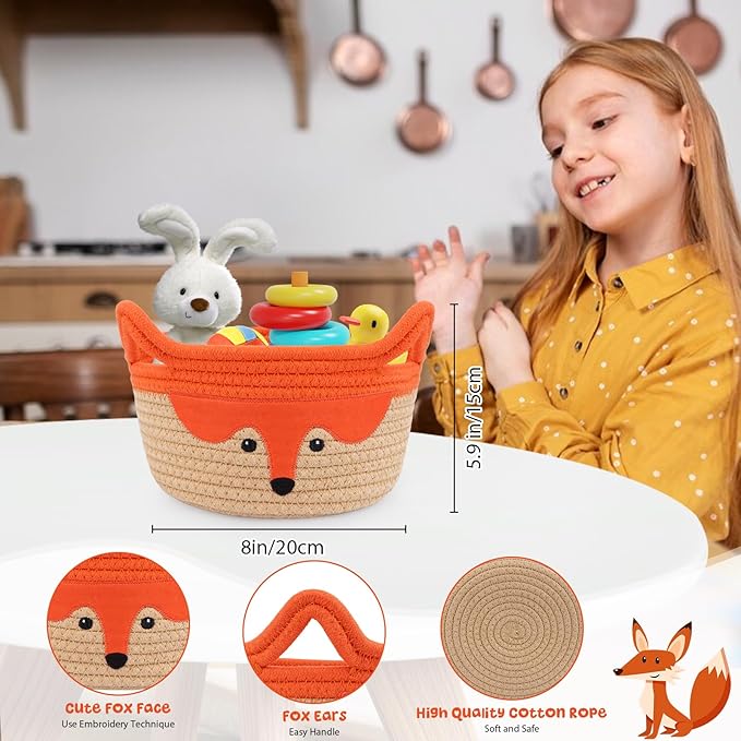 Small Storage Basket, Cute Fox Animal Gift Basket for Nursery, Woven Rope Cotton Storage, Soft Baby Towel 0rganizer with Ears Handles, Caddy Blanket Towel Decor Storage Bin, 8.2"D x 4.7"H in