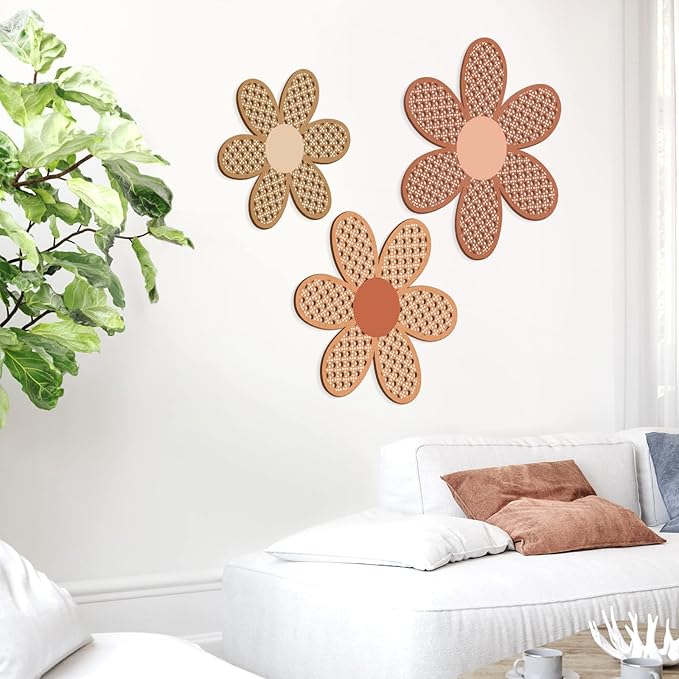 Maitys 3 Pieces Boho Daisy Wall Decor Natural Rattan Flower Wall Hanging Art Wooden Boho Art Nursery Flowers Farmhouse Hanging Decor for Home Office Nursery(Fresh Color)