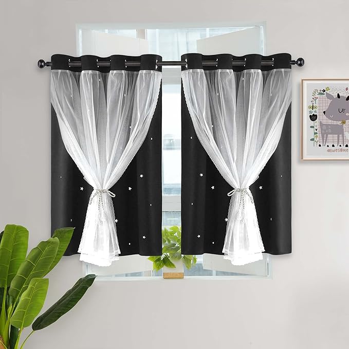 Kinryb Kids Blackout Curtains for Bedroom/Living Room/Classroom, Sheer Overlay Small 2 Panel Set, Double Layer Curtains with Star Cutout for Kids Room(W 52 x L 36 Inches,Black 2 Pcs)