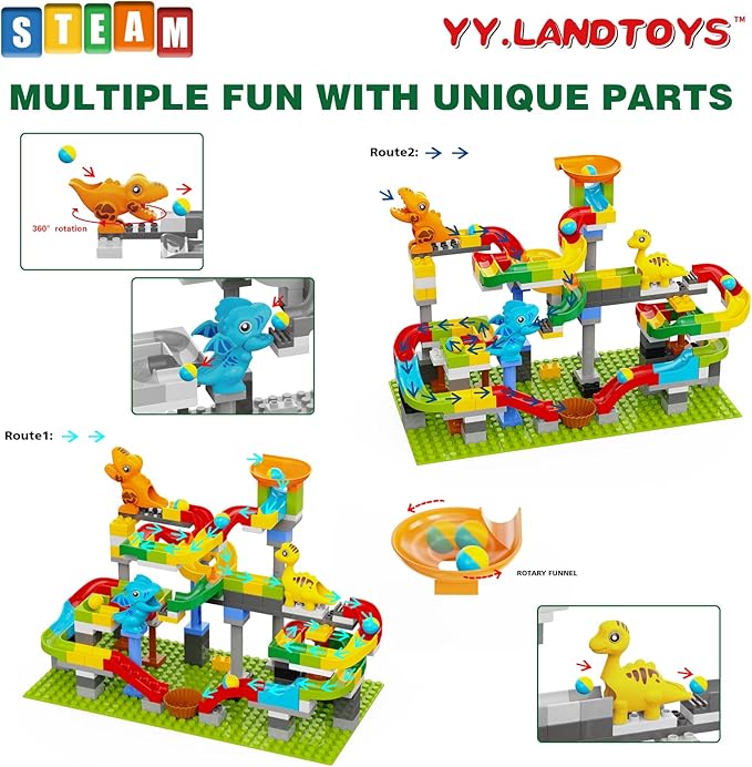 Dinosaur Marble Run Building Blocks, 148PCS Compatible with Lego DUPLO Marble Runs for Kids 4-8, Montessori Educational Learning STEM Toys, Dinosaur Toys for Kids 3-5, Toddler Toys for Age 3+, Gift