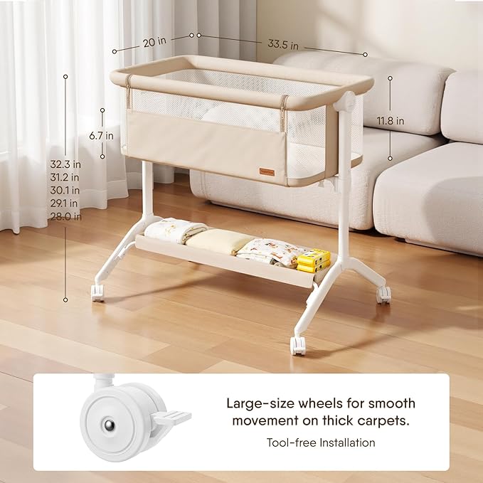 Bassinet Bedside Sleeper - All-Mesh Design, Portable Bedside Bassinet for Baby with Washable Mattress, 5 Adjustable Heights（Beige）