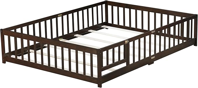 Queen Size Montessori Floor Bed Frame with Convertible Door & Wood Slats for Kids,Wood Montessori Bed with Safety Guardrails for Girls & Boys,Espresso