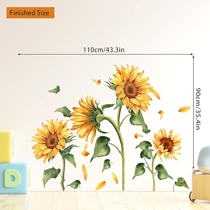 Vintage Sunflower Wall Decal Garden Floral Wall Sticker Yellow Flower with Green Leaves Wall Decals Peel and Stick Wall Stickers Aesthetics Decor for Living Room Bedroom