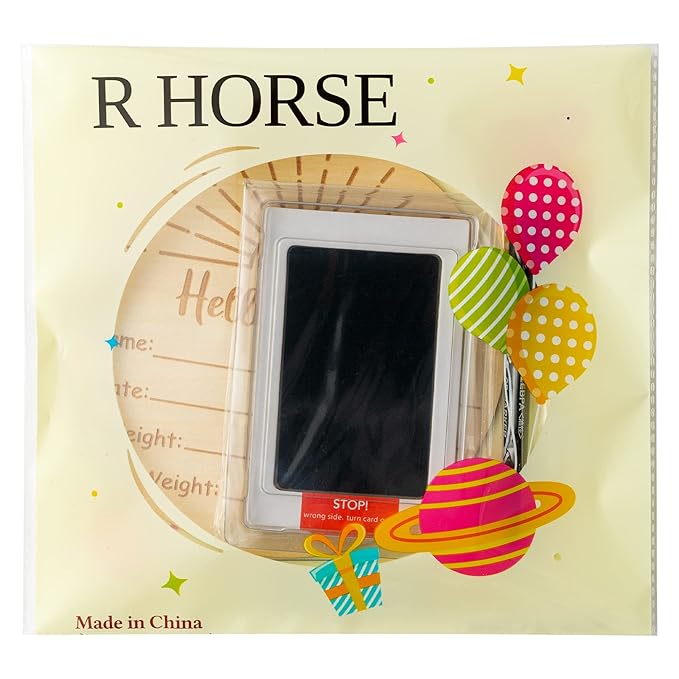 R HORSE Baby Birth Announcement Sign with Marker Pen, Boho Sun Baby Name Sign with Ink Pad for Hand and Footprints, Wooden Hello World Newborn Announcement Nursery Decor Keepsake Gifts