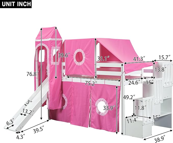 Playhouse Twin Size Low Loft Bed with Slide & Tent and Tower, Solid Wood Tent Bed Frame with Storage Staircase for Kids Teens Boys Girls, Versatile Spacious Under Bed Space with Curtains (Pink-TST)