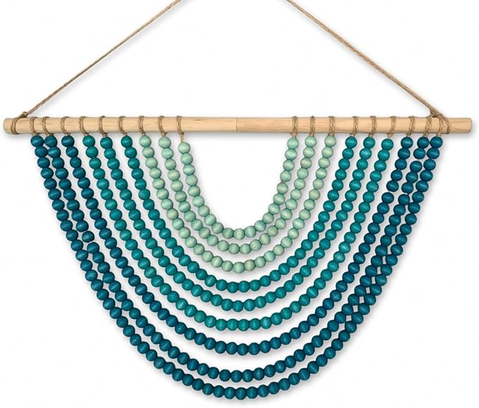 Boho Ombre Wood Bead Wall Hanging, Handmade Unique Giant Art Decor for Bedroom, Nursery, Living Room, or Entryway (Curve Coastal Blue Gradient, 24 Inches)