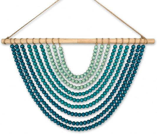 Boho Ombre Wood Bead Wall Hanging, Handmade Unique Giant Art Decor for Bedroom, Nursery, Living Room, or Entryway (Curve Coastal Blue Gradient, 24 Inches)