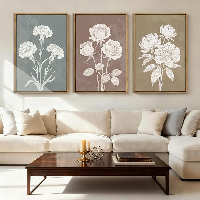 BINCUE Neutral Floral Canvas Wall Art Framed Boho Flower Painting Print 12" Lx16 W 3 Piece