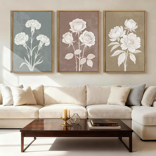BINCUE Extra Large Neutral Botanical Wall Art Decor Floral Painting Flower Print for Living Room Bedroom Bathroom Dining Room 24x36 Inches 3 Piece