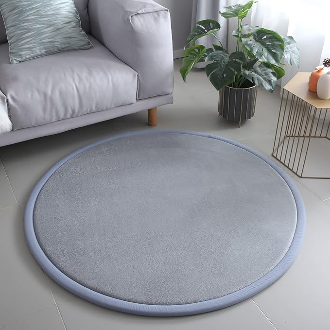 Loartee Thick Kids Round Rug - Coral Velvet Area Rugs, Memory Foam Circular Carpet for Nursery Playroom Home Decor Dormitory, Diameter 47 inch, Gray