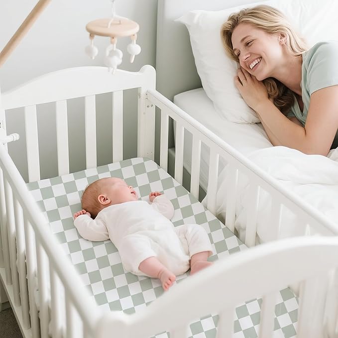 Konssy 2 Pack Muslin Bassinet Sheets for Baby Boy, 100% Cotton Soft Breathable Bassinet Mattress Sheets Fit for Hourglass Oval Cradle Rectangle Mattress (Green Dino,Baby Green Plaid)