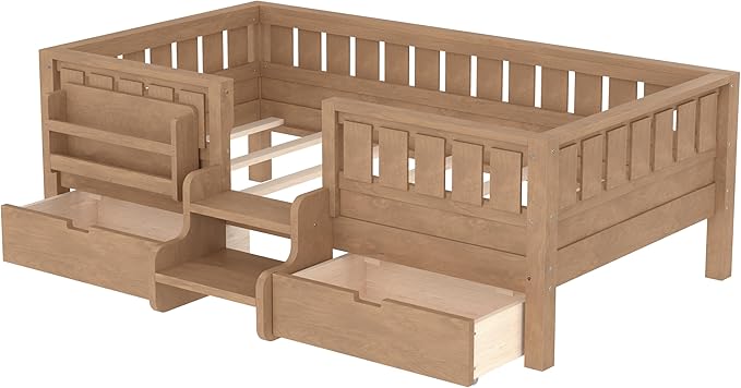 Bellemave Twin Size Kids Bed with high Rails and with Built-in Bookshelf and Drawers for Kids, Girls, Boys, Wood Montessori Bed Without Door, Natural