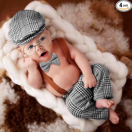 SPOKKI 4 Pcs Newborn Baby Photo Props, Lattice Rompers Suspender Pants with Beret Glasses Bow Tie for Infant Boys' Costumes, Newborn Boy Photography Outfit Set (Grey)