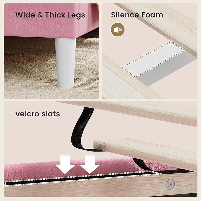 ADORNEVE Twin Size Bed Frame with LED Lights, Princess Velvet Upholstered Platform Bed for Girls, Headboard with Charging Station & Guardrail & Crystal Button, No Box Spring Needed, Pink