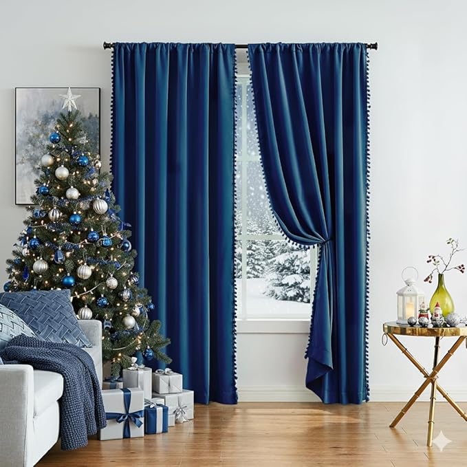 Pom Pom Curtains 90" Navy Royal Blue Blackout Curtains Bedroom Windows Drapes Triple Weave Thermal Insulated Curtain Panels for Men Boys Nursery Room Studio Hotel 52"w x2 Panels Rod Pocket