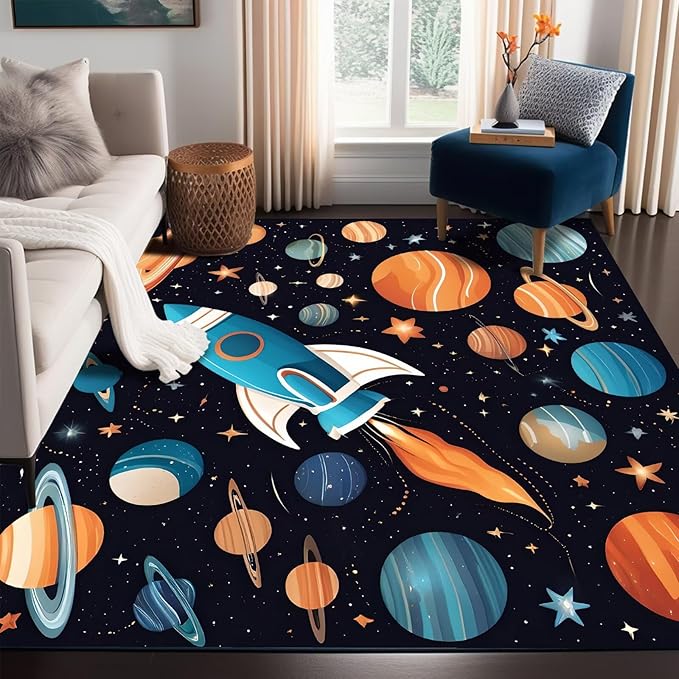 5' x 7' Space Rocket Rug for Kids Bedroom Cartoon Planet Stars Rugs Galaxy Carpet Printed Throw Rugs for Boys Children Living Room,150x210cm