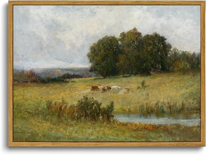 OIQArtOIQ Vintage Landscape Canvas Wall Art Framed Natural Scenery Painting Artwork Prints France Country Wilderness Farmhouse Decor Pictures Kitchen Bedroom Living Room Bathroom
