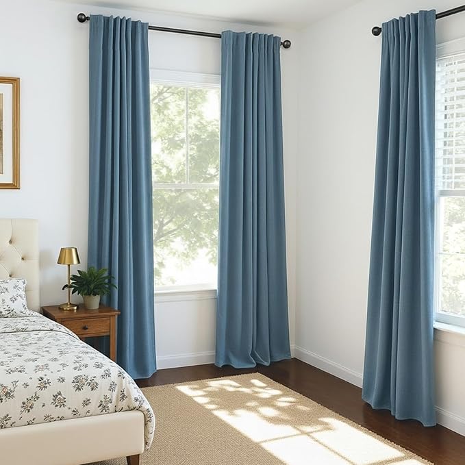 INOVADAY 100% Blackout Curtains for Bedroom, Black Out Curtains 96 Inch Long, Clip Rings Linen Blackout Drapes, Thermal Insulated Room Darkening for Living Room, 2 Panels - Tone Blue,W50xL96