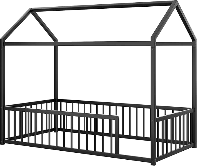 Twin Size Metal Floor Bed Frame,House Shaped Bed with Fence for Kids and Toddlers,Easy Assemble,No Slats,Black