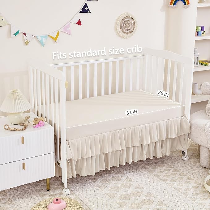 3-Piece Tufted Ruffle Crib Bedding Set for Girls - Ultra Soft Baby Bedding Set Includes Boho Crib Comforter, Sheet & Skirt (Beige)