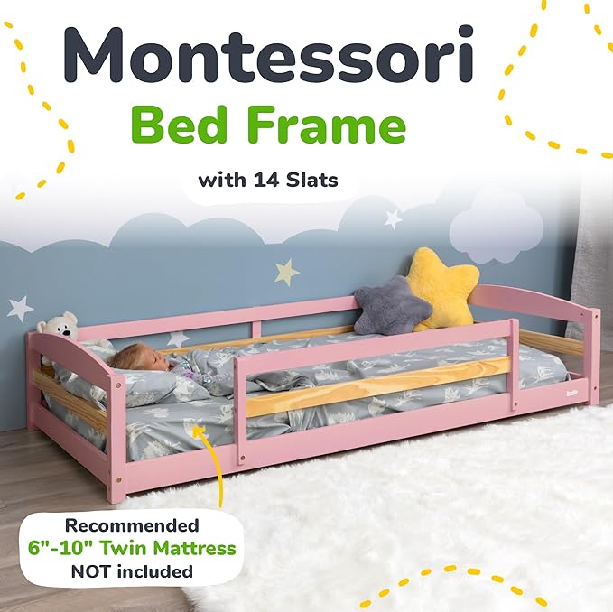 Ocodile Twin Floor Bed with Safety Guardrails for Kids, Montessori Inspired with Rails and 2 Openings, Twin Size Bed Frame for Girls and Boys - Pink