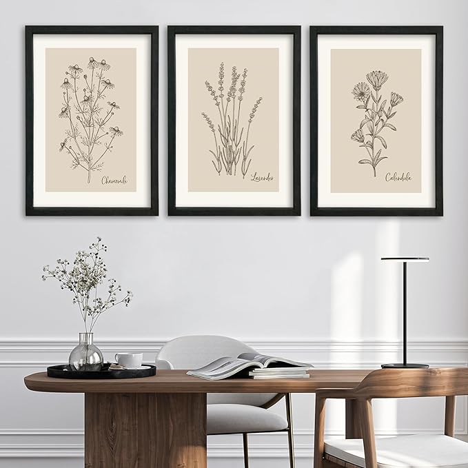 YWJKWLGS Vintage Botanical Wall Art 11x16 Inch Set Of 3 Wooded Framed Minimalist Rustic Wildflower Pictures Floral Sign Bedroom Wall Hanging Decor (Black)