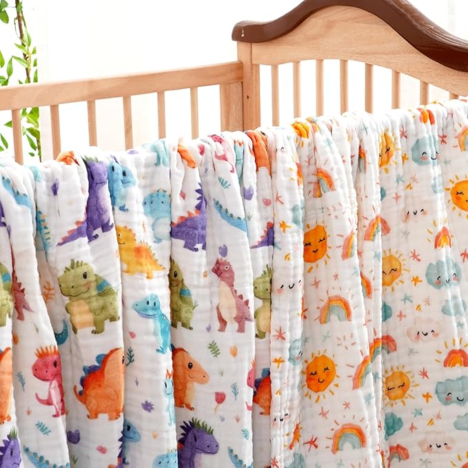 Muslin Swaddle Blankets 6-Layer Cotton Baby Blankets for Boys & Girls 43"X43"Inches Receiving Blankets,Soft Skin-Friendly Baby Crib Blanket,Breathable Quilt Bedspread(Jurassic Dinosaurs)