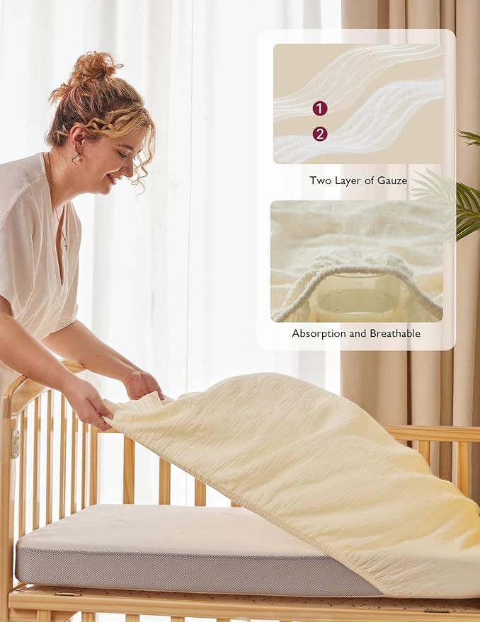 Momcozy Muslin Standard Fitted Crib Sheets, 52"x28", 2 Pack Soft Breathable Natural Cotton Baby Mattress Sheet, 360° Mattress Wrapping No Slip Boys Girls Neutral Toddler Bed Sheet, Beige Blush