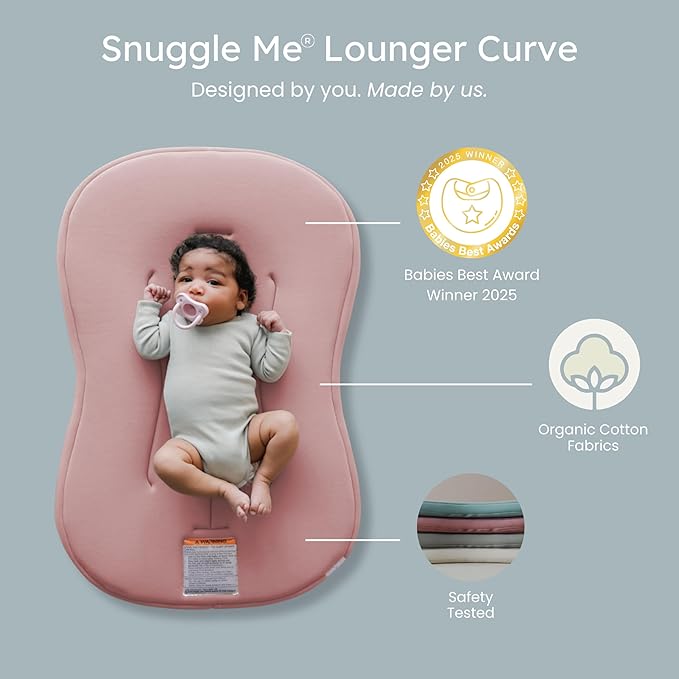 Snuggle Me® Baby Lounger Curve (0-6 Months) - Premium Organic Cotton with Foam Core, Machine-Washable Cover, Buttery-Soft & Breathable Infant Lounger with Travel Bag (30 in x 20 in x 1.9 in) - Gumdrop